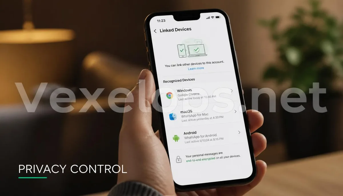 Realistic photography capturing a user checking associated devices of social media, showcasing recommended privacy control practices by VexelOps.