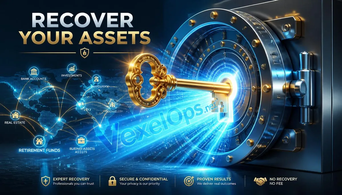3D rendering showing a digital key opening a safe and a fund tracking network, accompanied by VexelOps branding, conveying a positive hope for asset recovery.