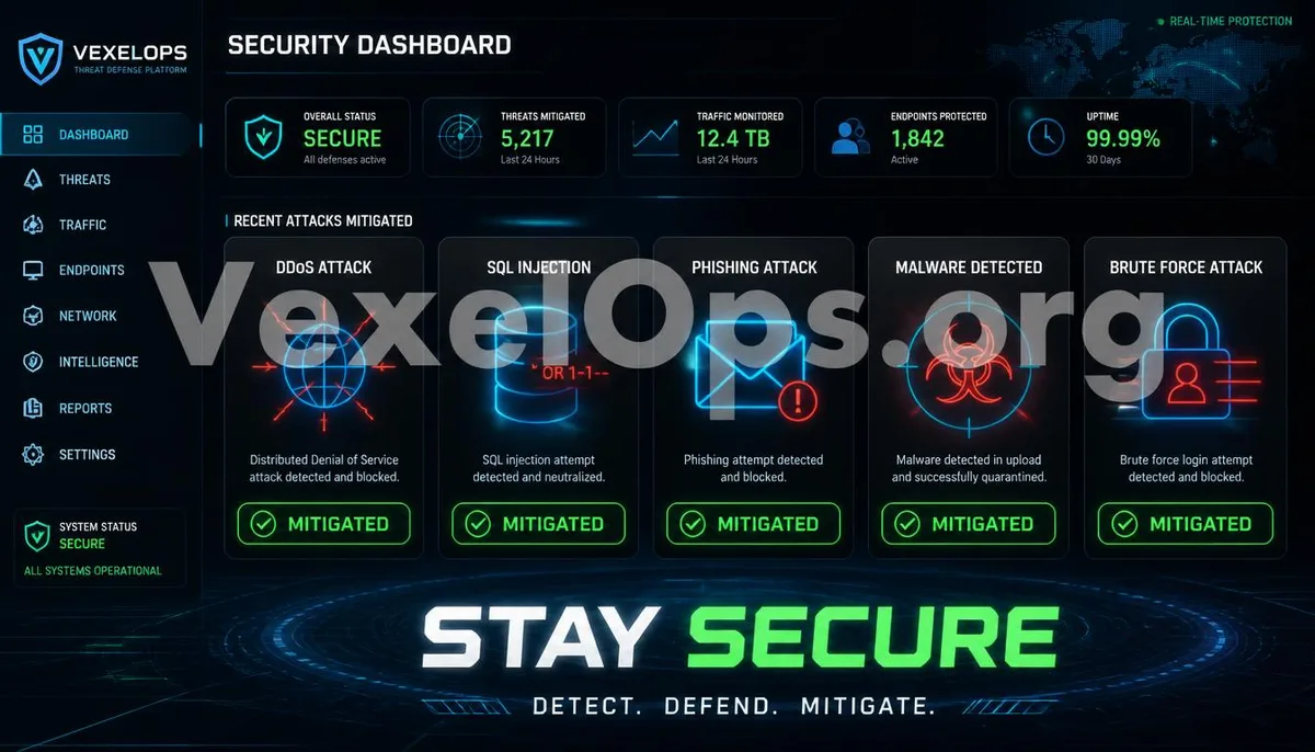 Digital artwork showcasing a mobile dashboard successfully defending against five major cyber attacks, featuring the VexelOps brand watermark, conveying a positive hope for