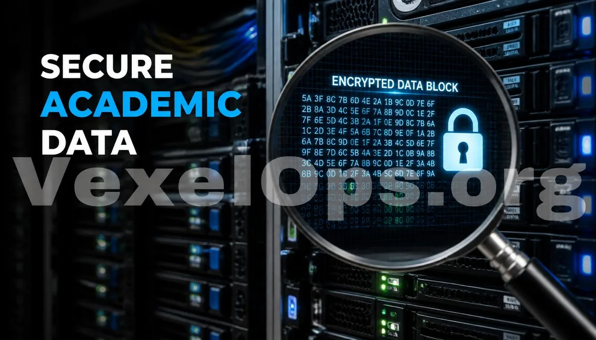 A realistic photo captures the protected academic data servers in a data center, featuring a VexelOps watermark, conveying a positive hope for the safety of academic data.
