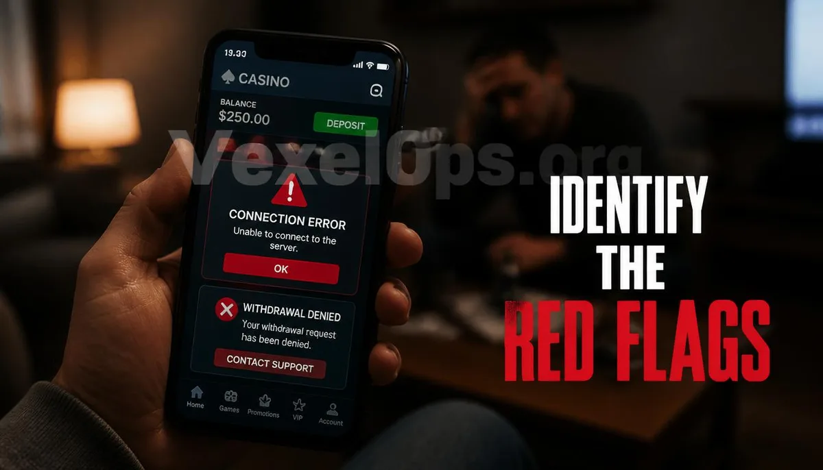 A realistic photograph showing users facing denied withdrawals and connection anomalies on their phones, featuring VexelOps branding, conveying positive advice on risk assessment.