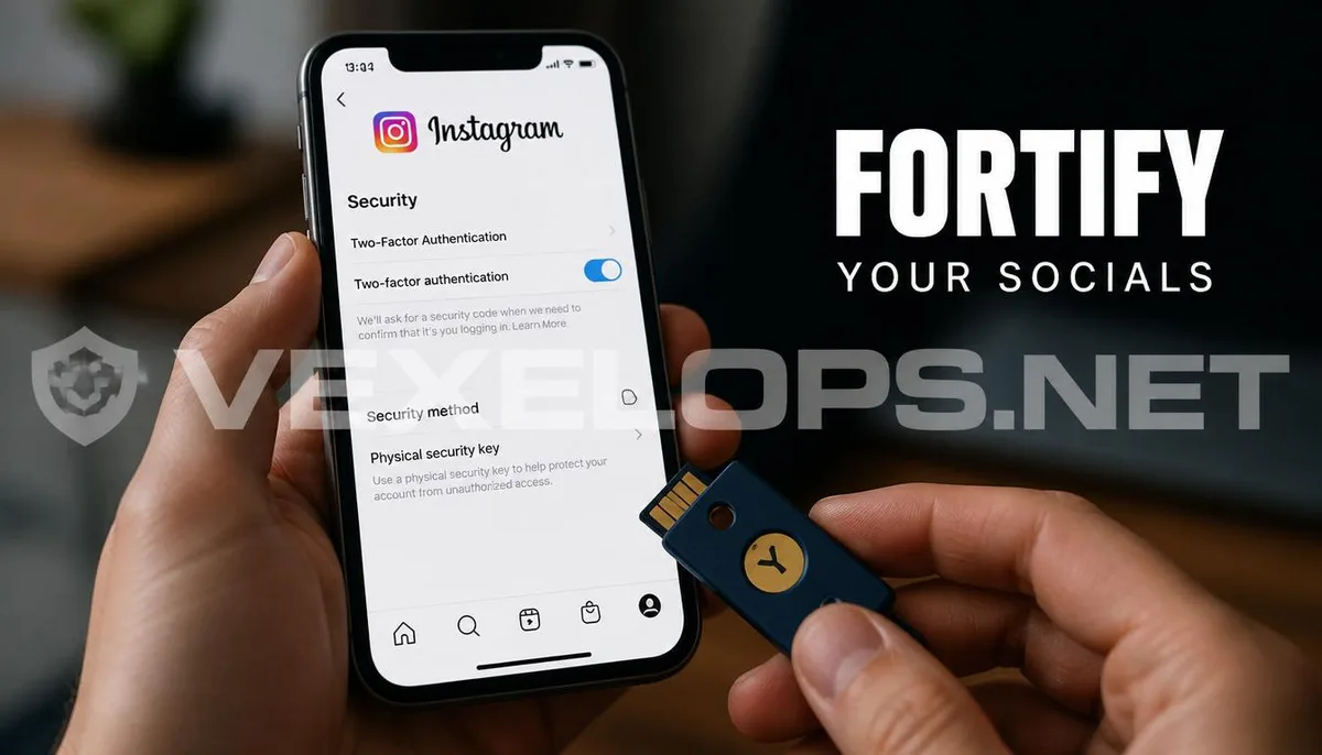 Photography capturing the professional process of users setting up hardware-level security verification on their Instagram account, featuring the VexelOps brand logo, conveying