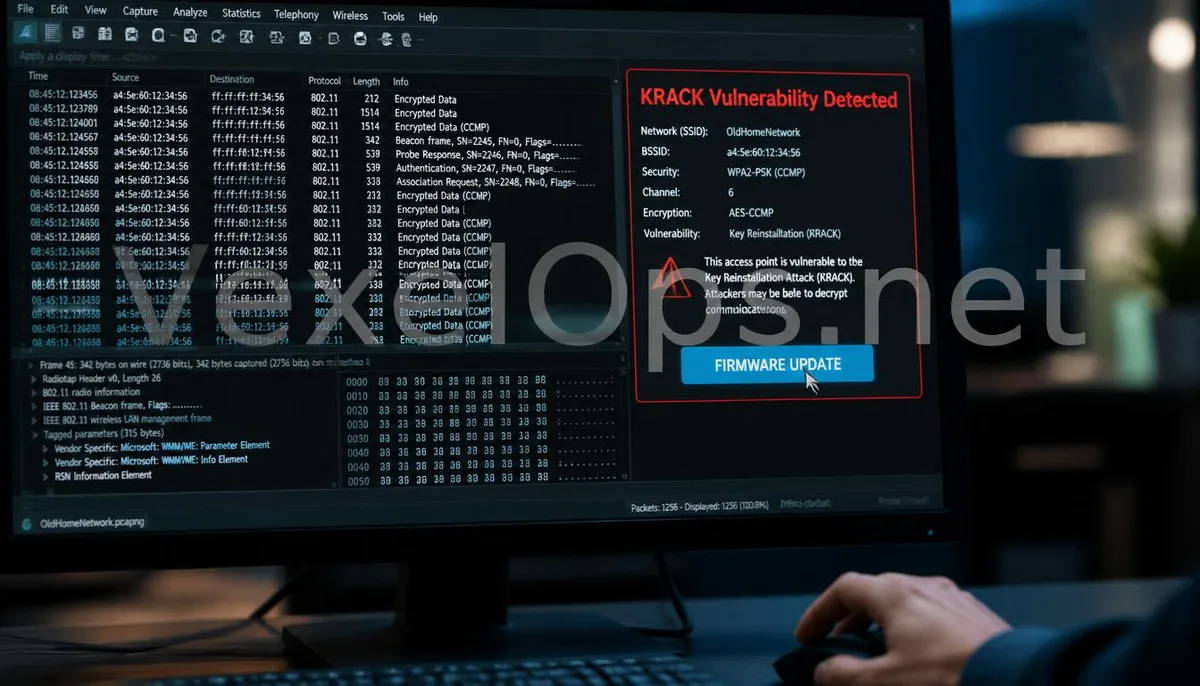 Realistic photography capturing the technical scene of a traffic analysis tool detecting vulnerabilities in the WPA2 protocol and conducting firmware updates, with VexelOps brand