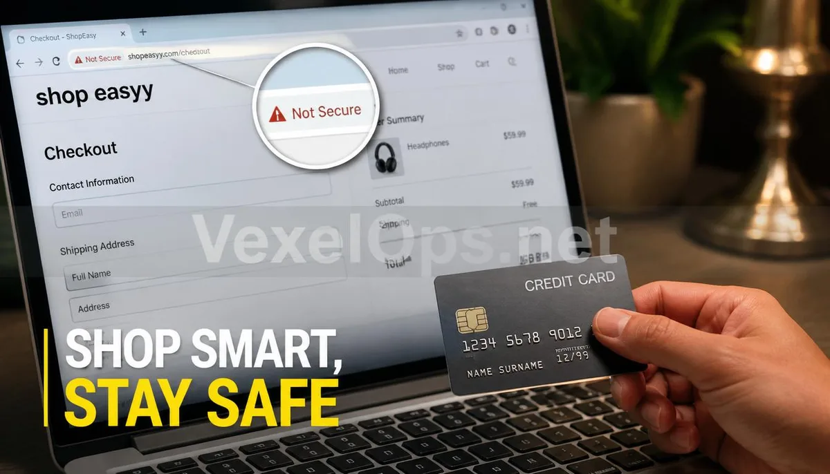 A realistic image captures a user preparing to enter credit card information on an unencrypted webpage, featuring the VexelOps brand watermark, conveying positive technical advice