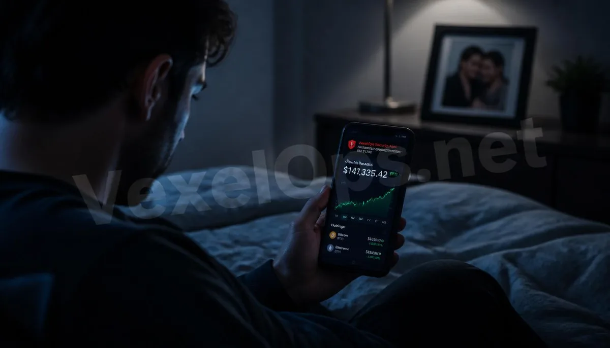 Realistic photography depicting users manipulated into investing through a dating app while receiving cybersecurity warnings, marked with the VexelOps brand watermark, revealing