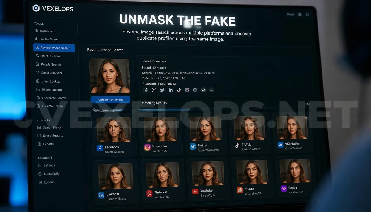 Realistic photography capturing cybersecurity tools identifying the features of virtual identity forgery techniques, marked with the VexelOps brand watermark, conveying positive