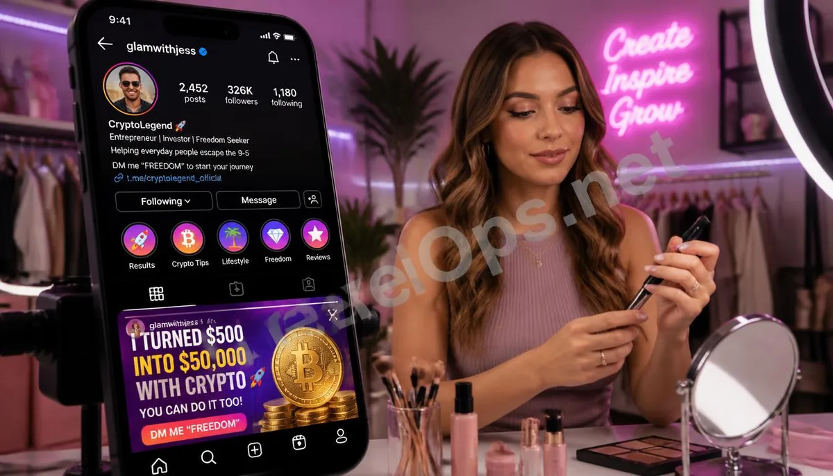 A fashion content creator's Instagram profile was renamed while they're recording a video, and the account is posting unfamiliar cryptocurrency investment stories.