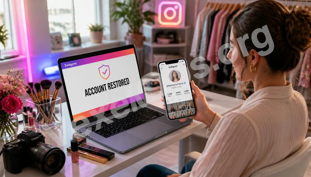 A fashion creator regains their Instagram account in a studio; the computer shows the account has been restored, and the original profile reappears on their phone.