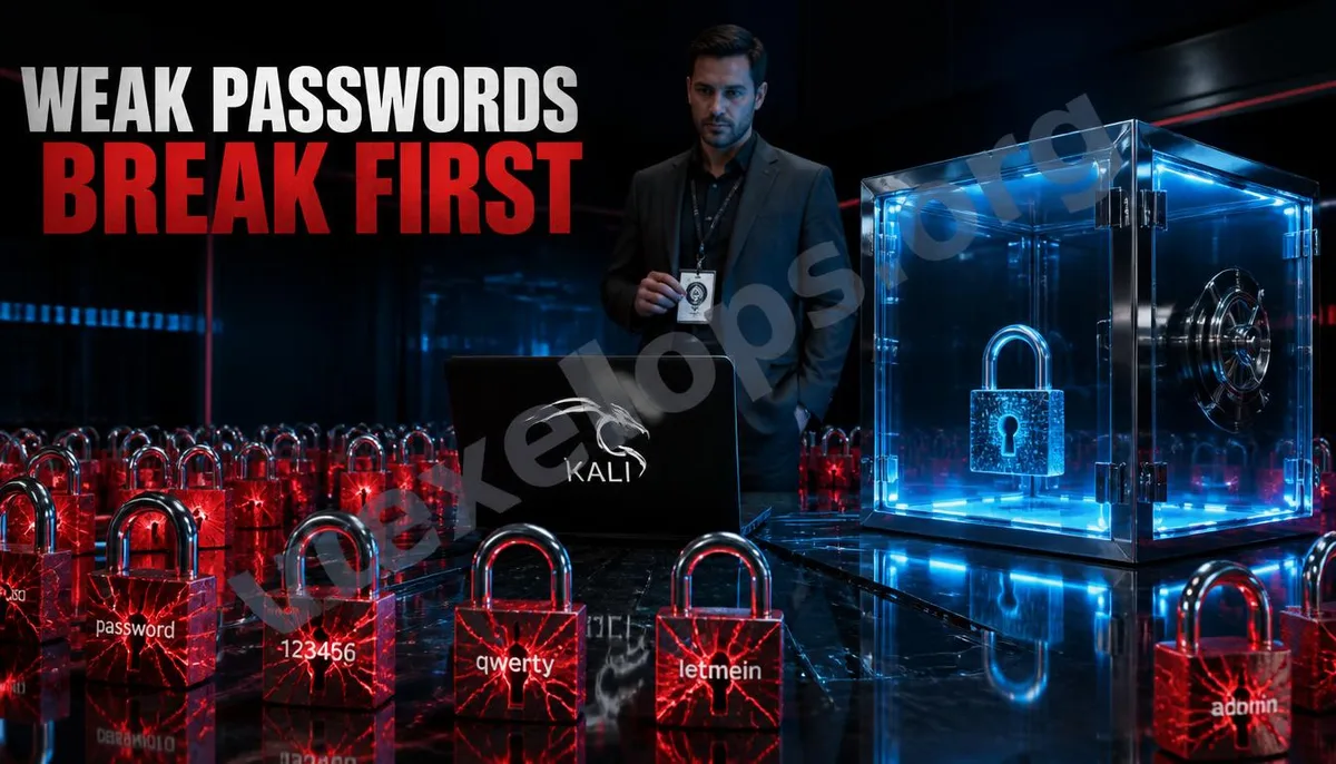 In the screen of Kali Linux password security audit, common weak passwords are broken, while long passwords are protected by a blue digital vault.