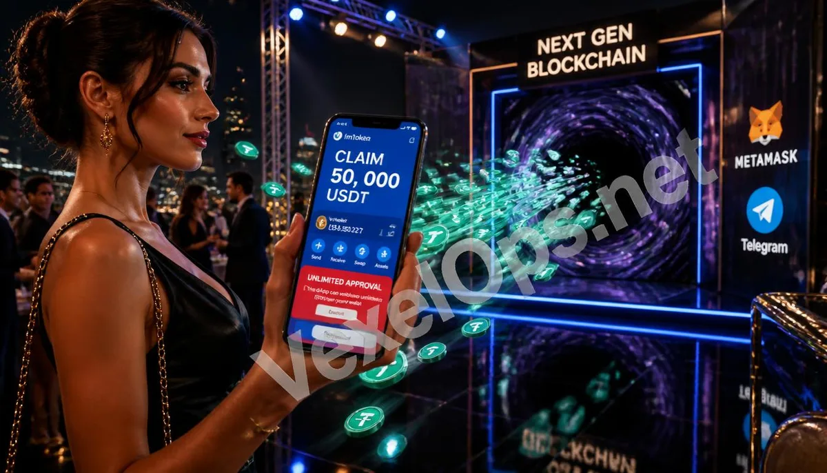 A woman checks the imToken fake airdrop page at a cryptocurrency event while unlimited authorization transfers USDT from her mobile wallet.