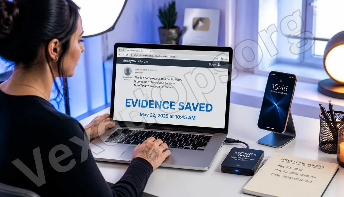 A creator uses screen recording to save the complete URL, timestamp, and page content of defaming posts on anonymous forums.