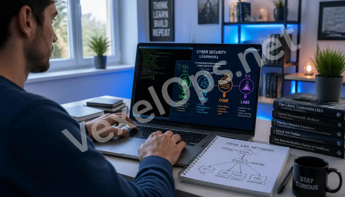 Learner using Linux at a bright desk, with a screen showing systems, networks, programming, and target learning paths.