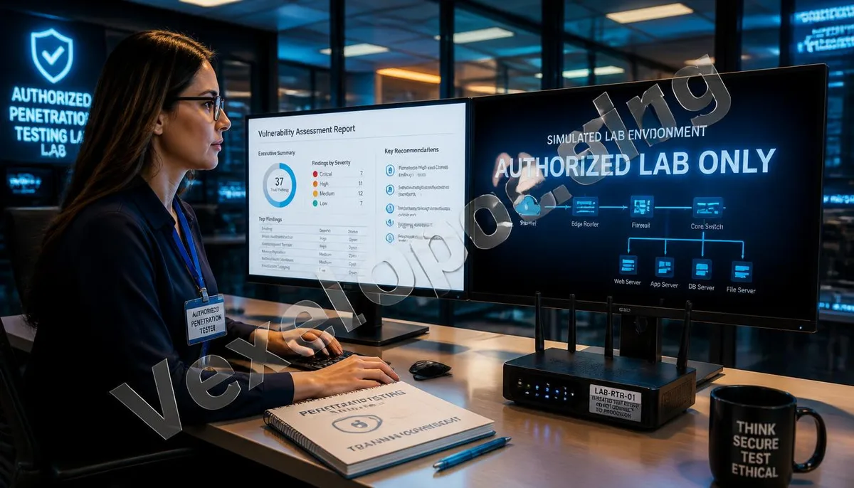 Female cybersecurity analyst reviewing vulnerability reports and isolating test networks in a legal training environment.