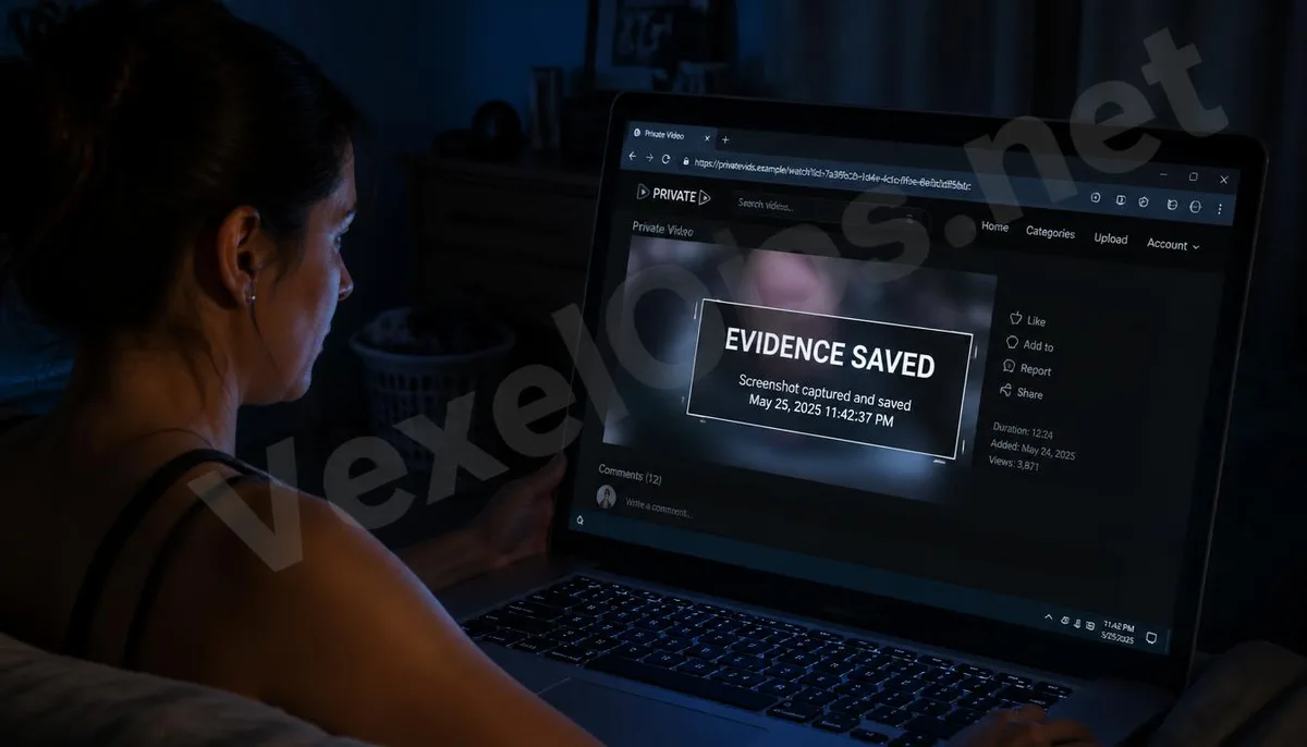 A woman discovers her private video leak in her room, with sensitive content blurred on the screen while saving the complete URL and webpage evidence.
