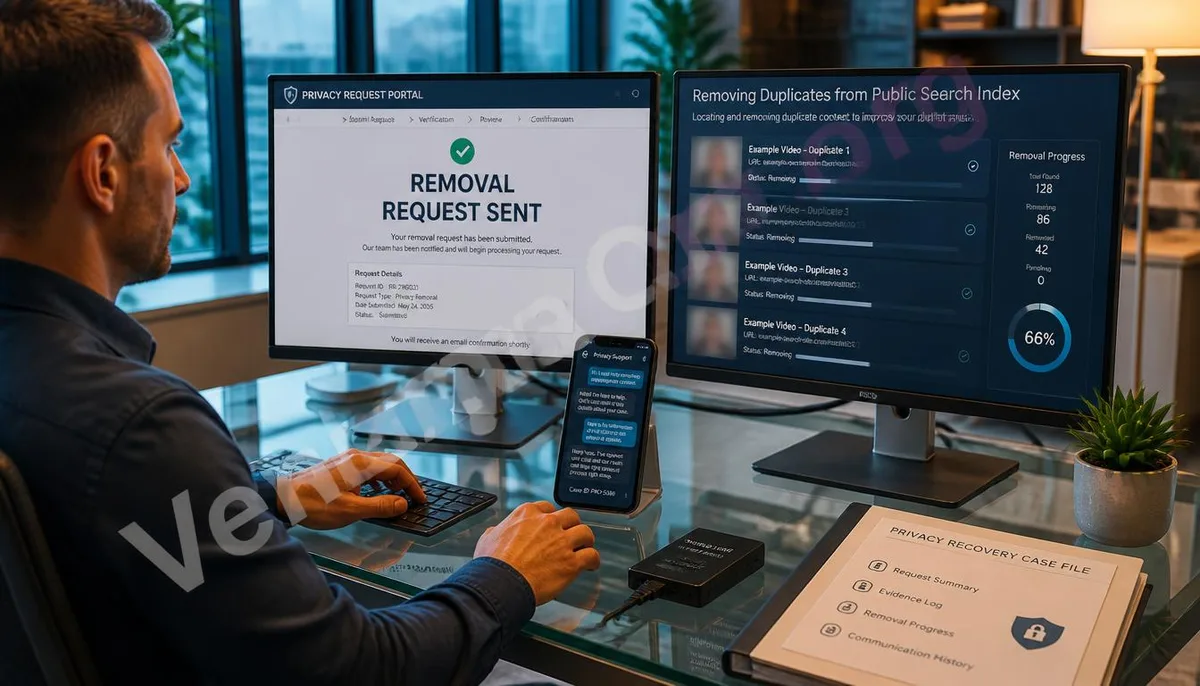 Technicians arrange private video leak cases, with screens showing that the removal complaint has been submitted and tracking public search results.