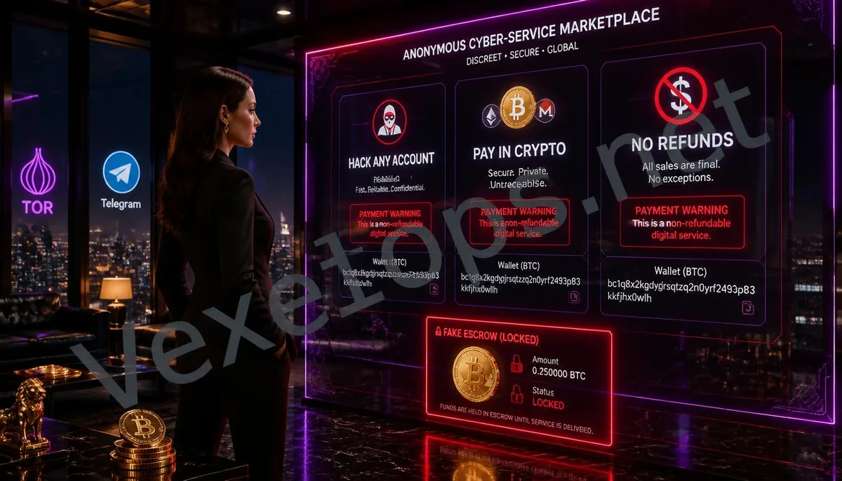 Dark web anonymous commission page requiring cryptocurrency prepayment with a no-refund policy, showcasing the risks of scam operations.