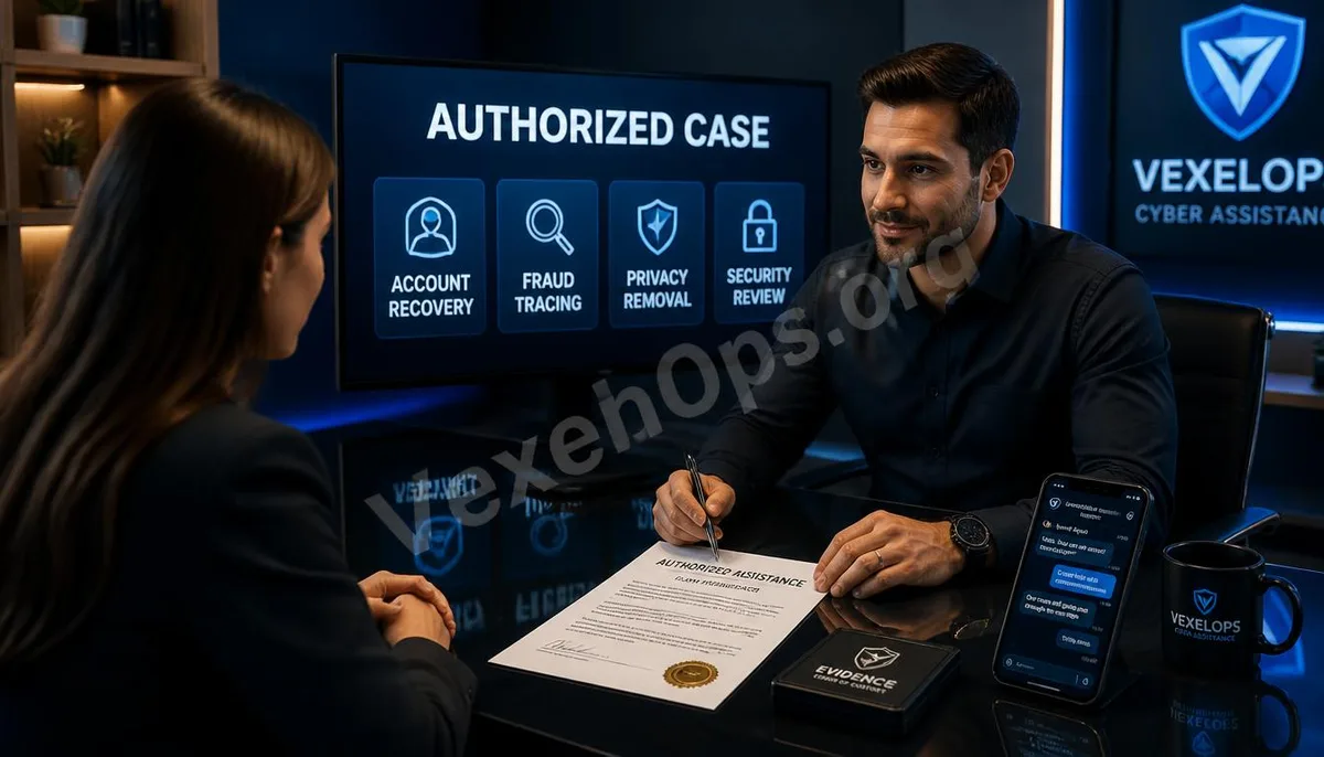 Technical experts and clients confirm the scope of legitimate cases in a modern workspace, with screens displaying account recovery, scam tracking, and privacy removal services.
