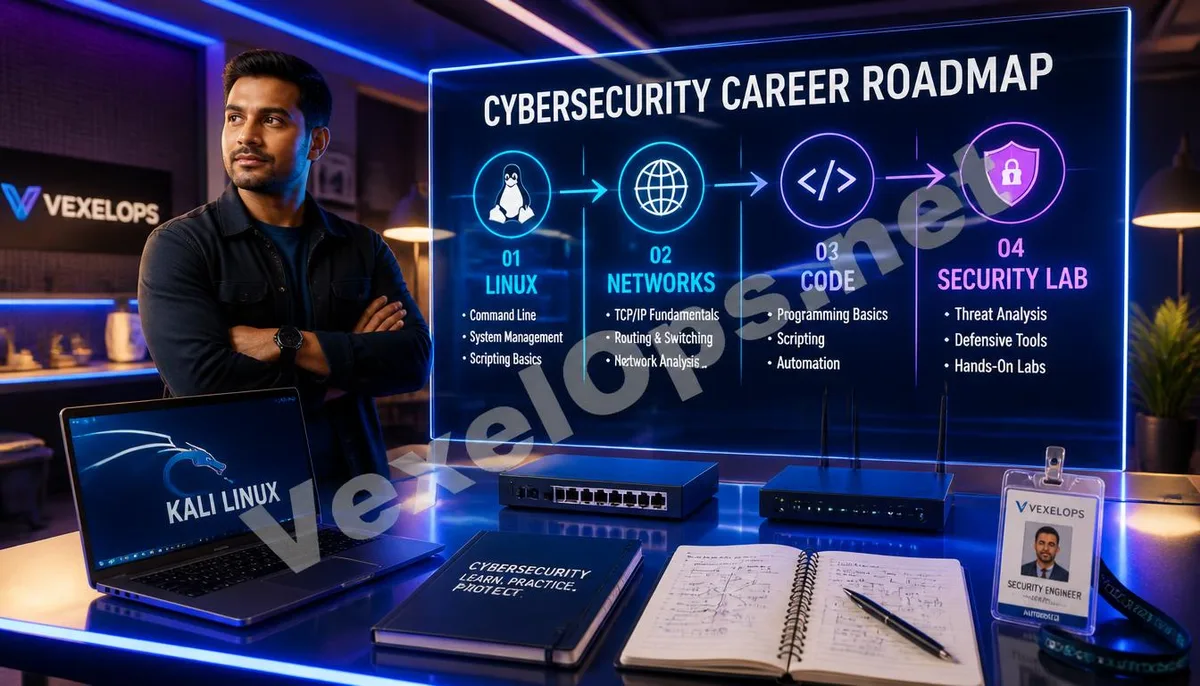 Cybersecurity learner in a modern tech workspace showing Linux, networking, programming, and security lab learning paths.