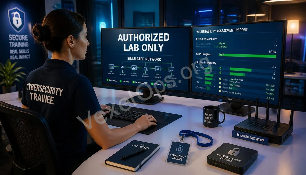 Female cybersecurity learner analyzing simulated network and vulnerability reports in a legally isolated laboratory.