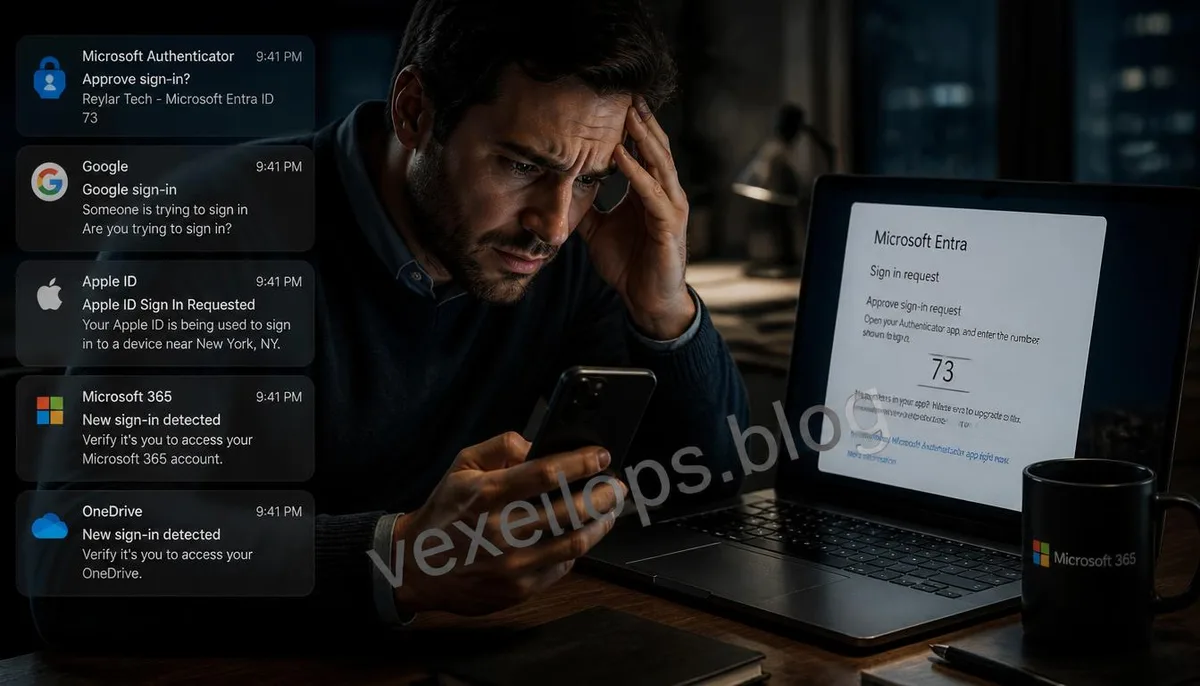 User's mobile device continuously receives Microsoft Authenticator type MFA login notifications, illustrating a realistic scenario of an MFA Fatigue attack.