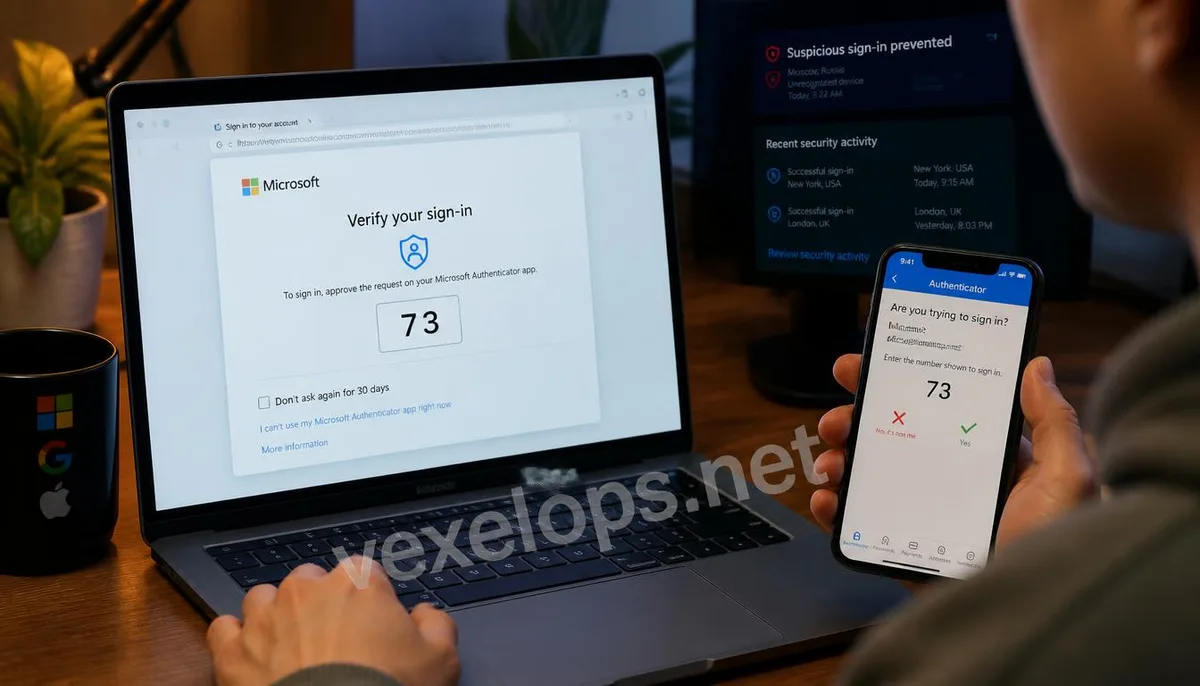 User inputs numbers displayed on the login page through the authenticator to prevent MFA Fatigue attacks
