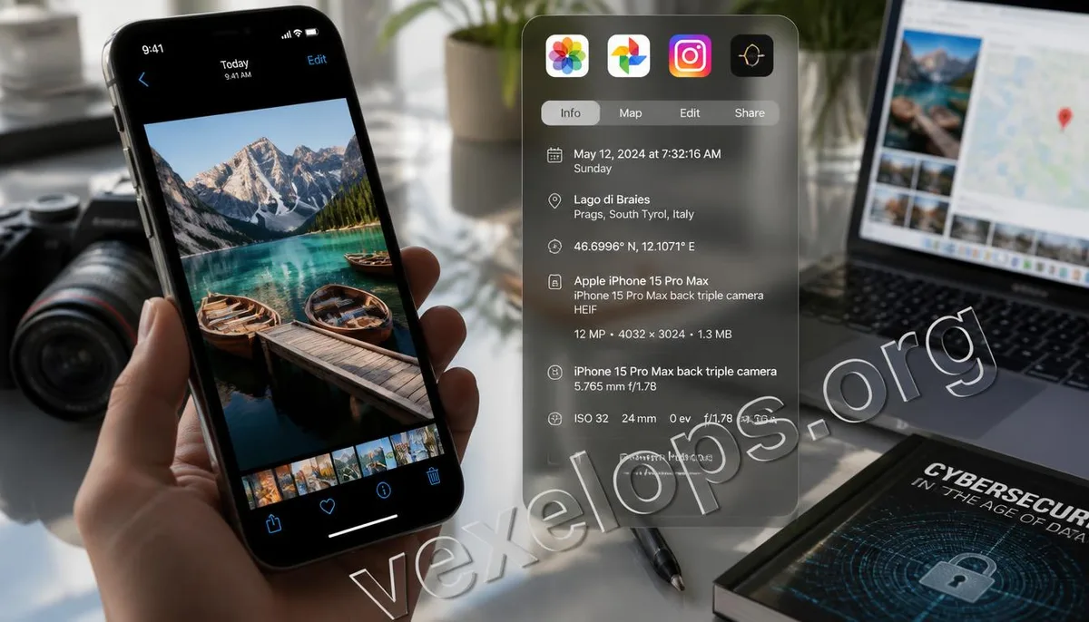 Realistic privacy scenario depicting phone photo showing EXIF location, time, and device metadata