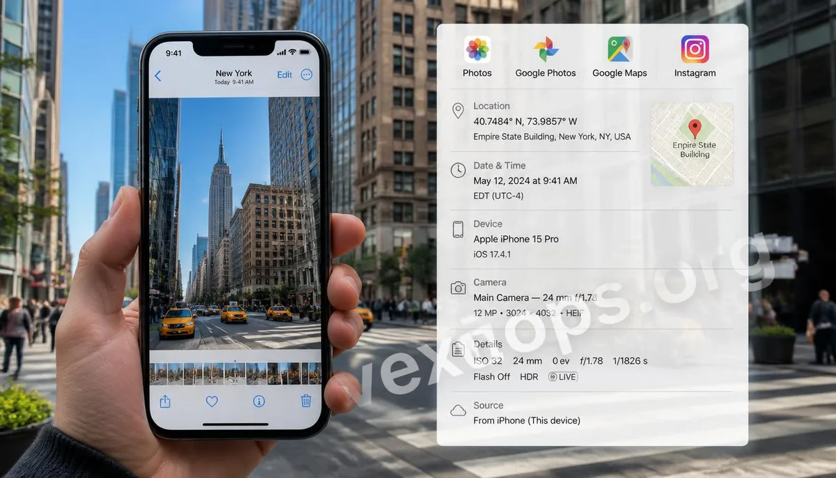 Realistic illustration showing how GPS location and EXIF metadata in a photo may expose the shooting location