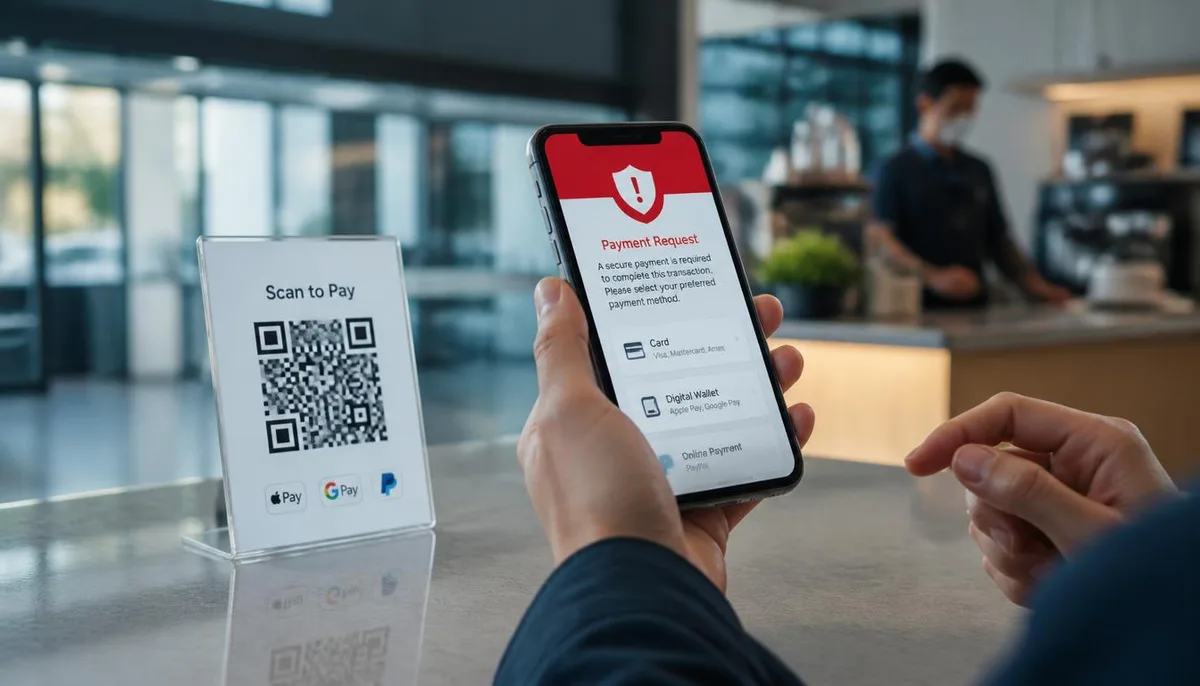 Realistic fraud scene of a person scanning a QR Code and landing on a suspicious payment website.