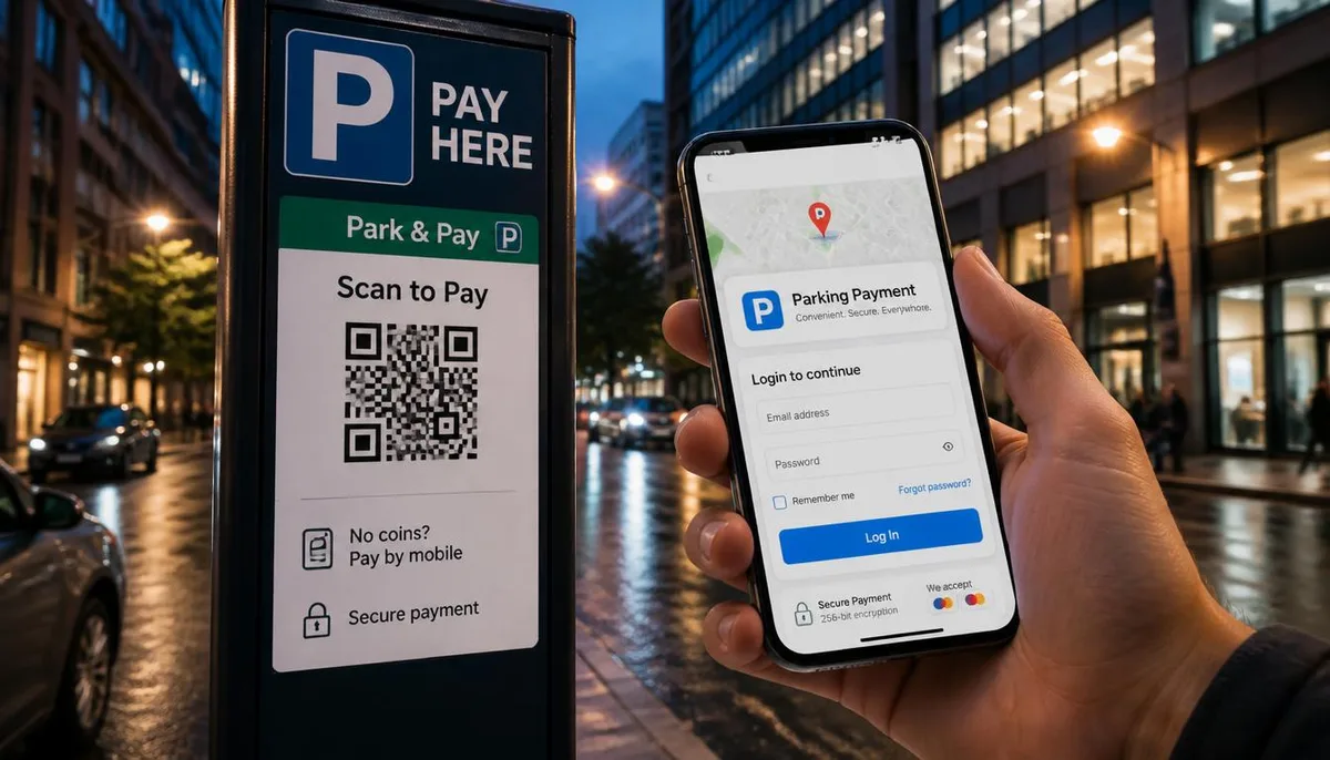Realistic cybersecurity scene of a QR Code directing a user to a fake brand login page.