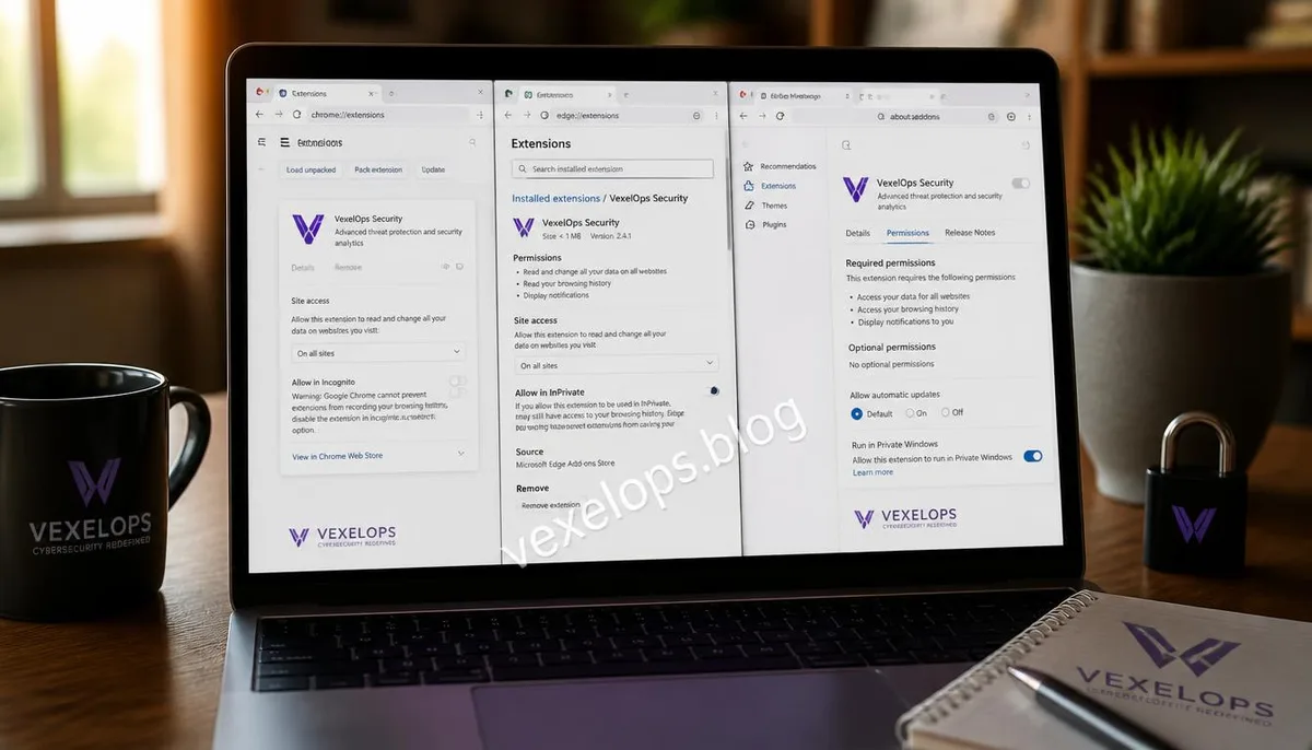 A realistic depiction showing browser extension permissions screen displaying access to website data and browsing activities.