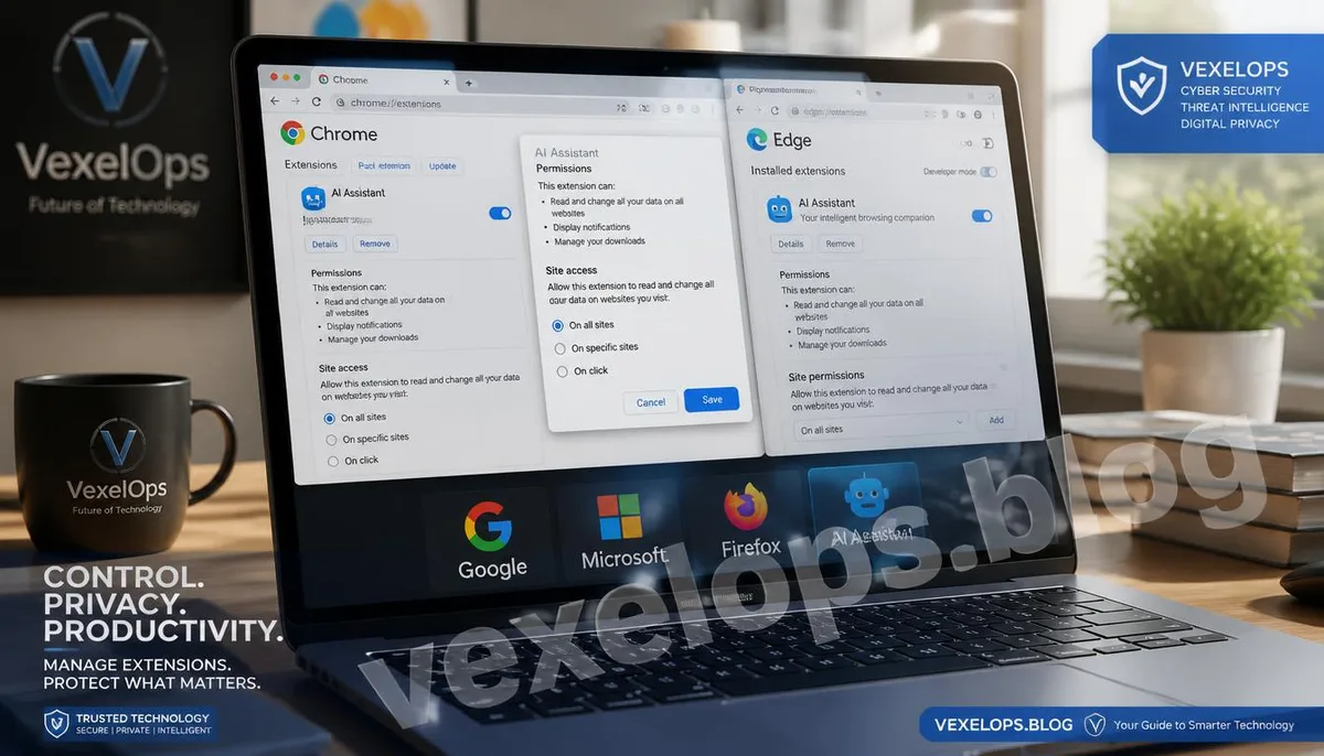 A realistic scene of a user installing an extension in Chrome and reviewing website data access permissions.