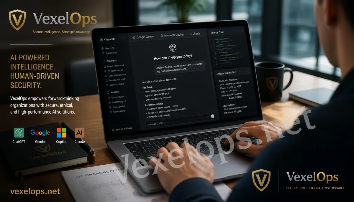 A realistic scene of a user inputting private documents and personal information into an AI chatbot.