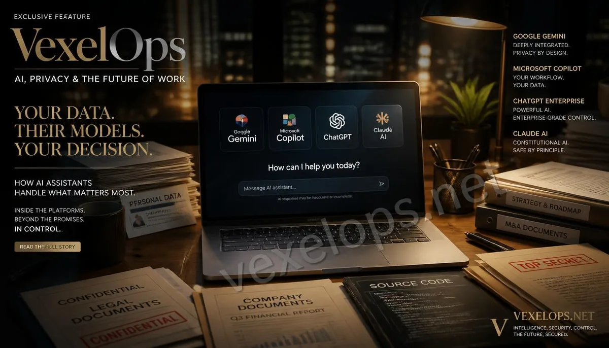 A realistic scene showing personal data, company documents, and code alongside different sensitive information displayed next to the AI chat interface.