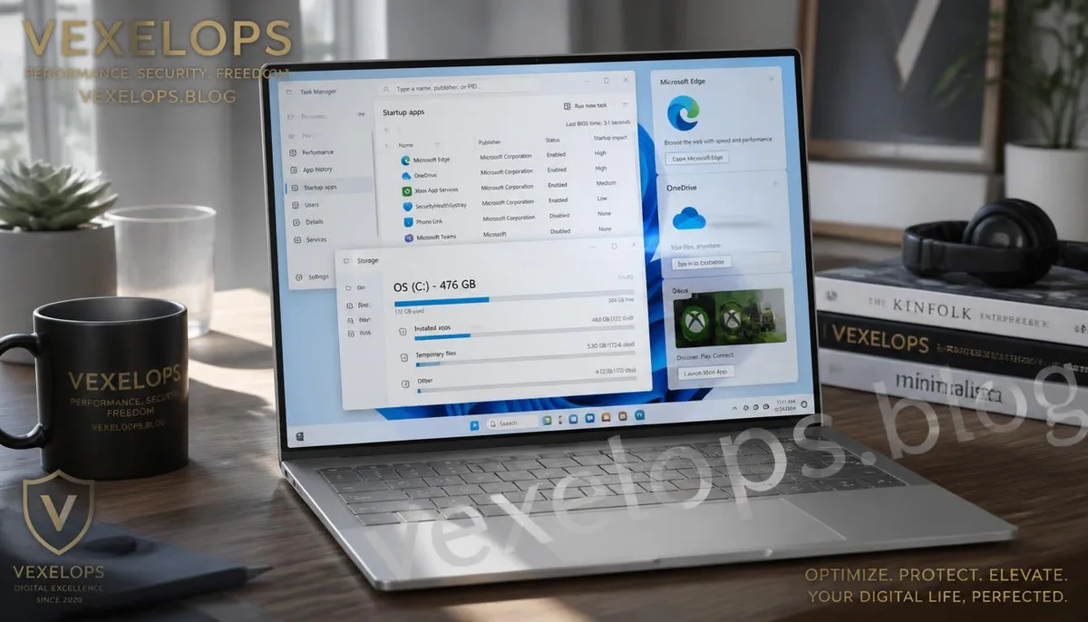 Realistic scenario of checking system performance and startup programs on a Windows 11 computer using Task Manager