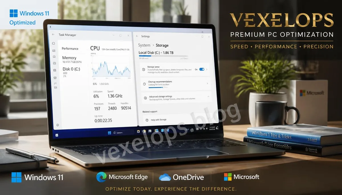 Realistic scene of checking startup programs and storage space to improve system performance on a Windows computer  Prompt: