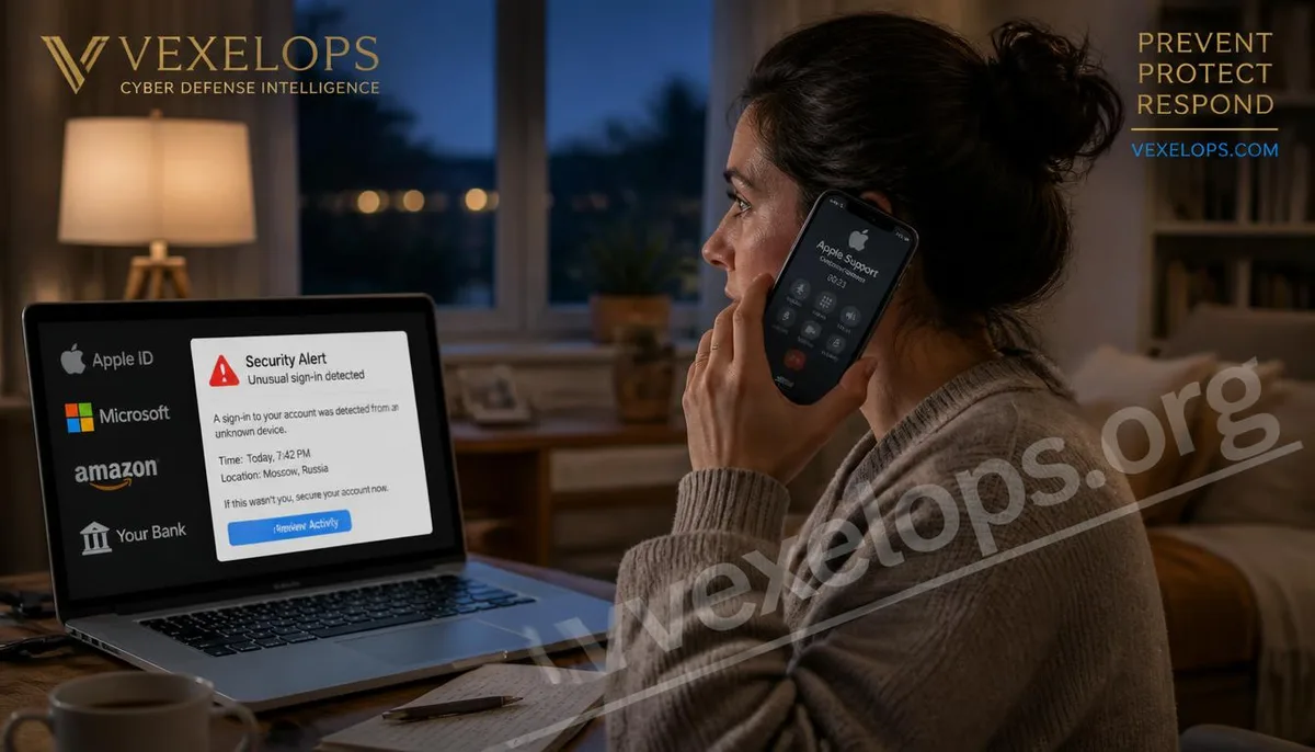 A realistic depiction of a user receiving a fake customer service call facing suspicious account security notifications.