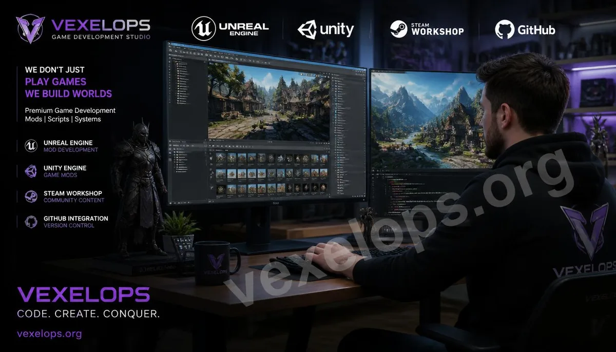 Developers creating game mods on a computer and exploring game development tools in a realistic setting