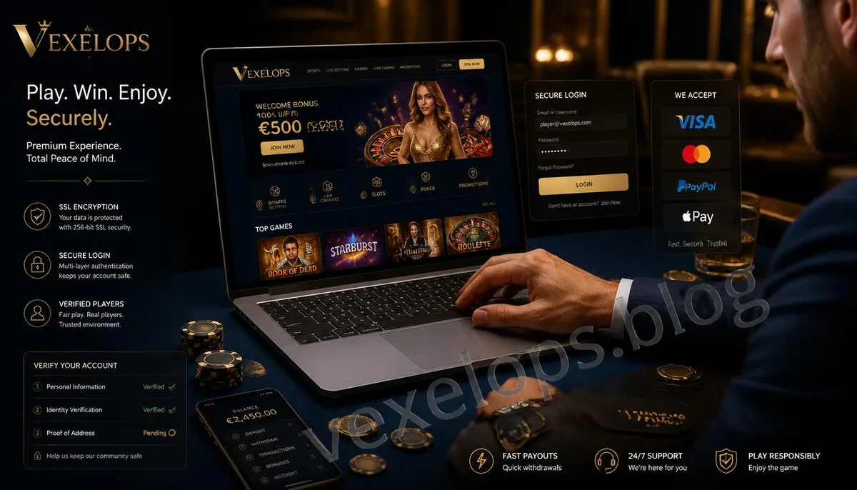 A realistic scene of a user checking gambling site account, payment, and security information on a laptop