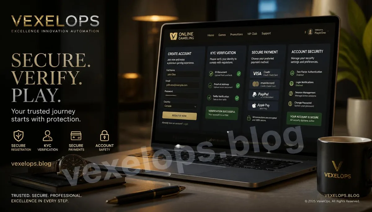 A realistic scene showing the KYC identity verification and payment security options during the registration process on an online gambling site