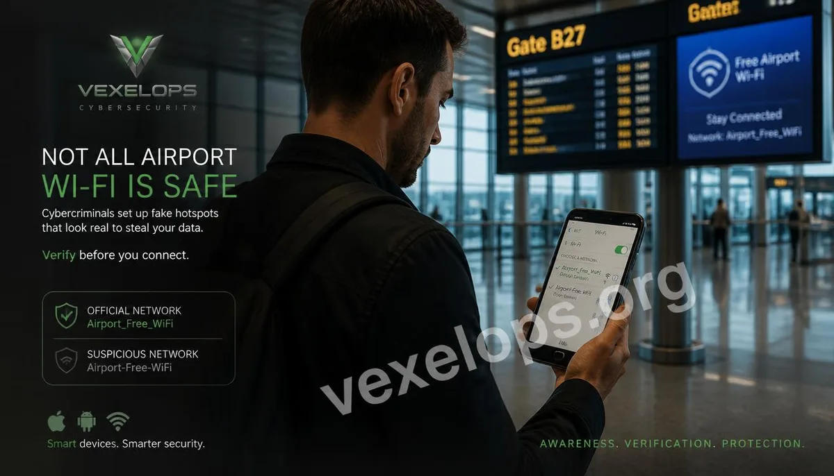 A user identifying official Wi-Fi from suspicious fake Wi-Fi hotspots in an airport