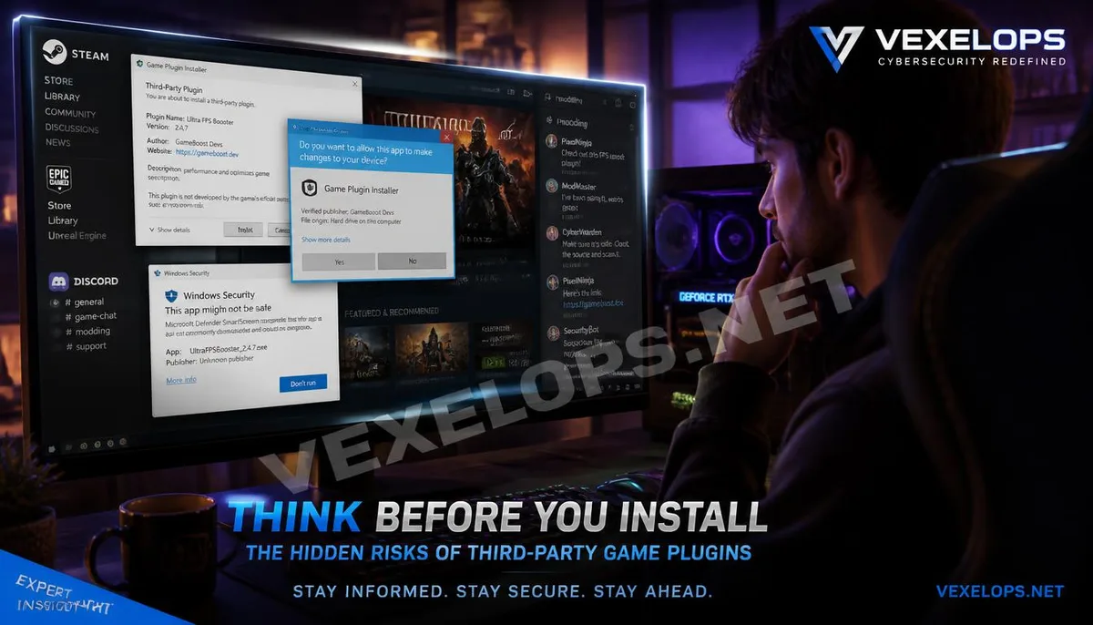 A realistic scene of players checking the administrator permissions, antivirus warnings, and download sources of game exploits.