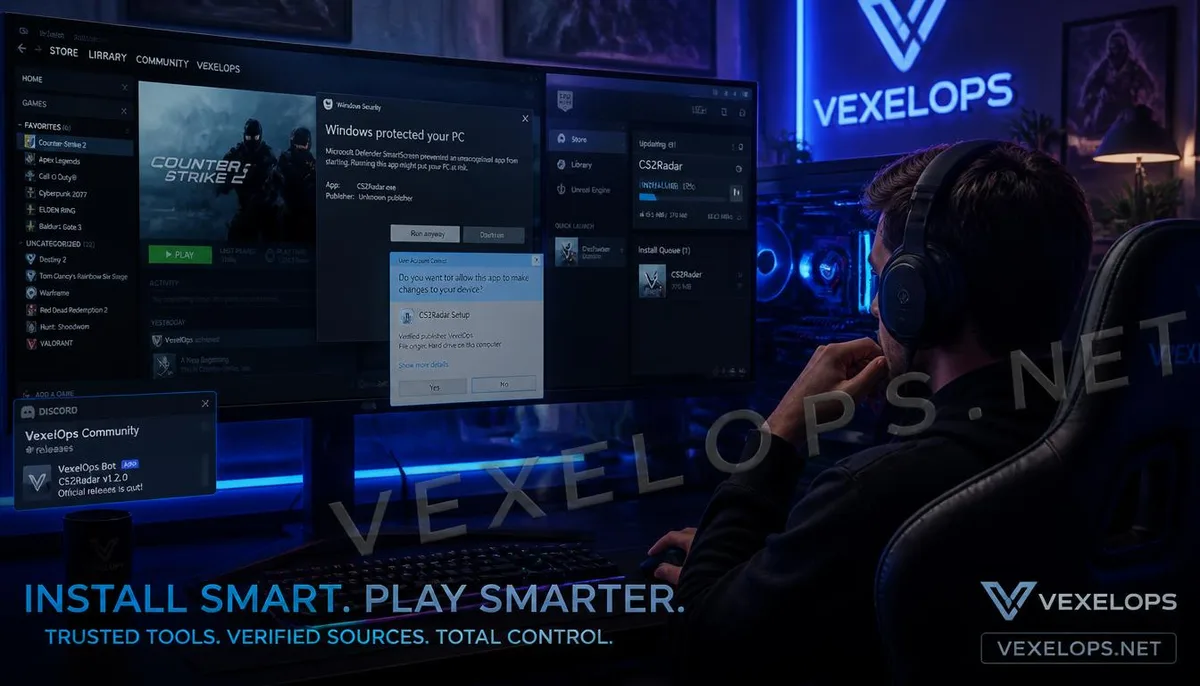 A realistic scene of a gamer downloading game exploits on a Windows computer while seeing security and permissions prompts.