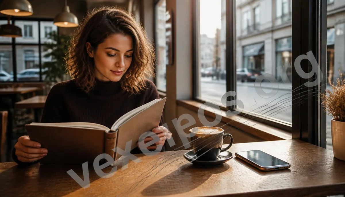 A person in a café reading notes and using a smartphone in everyday life