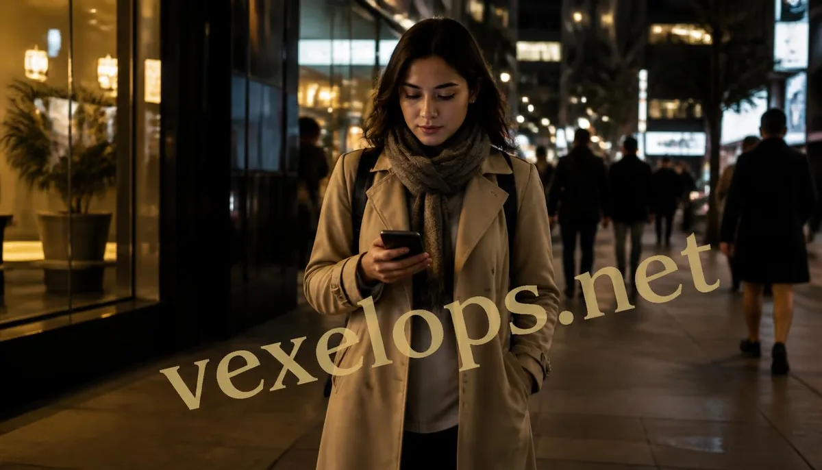 A realistic scene of an everyday user logging into an account on their phone in an urban street at night
