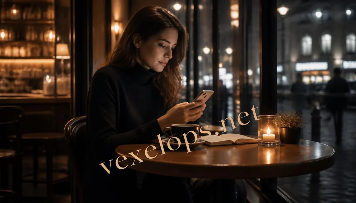 A realistic scene in a café at night of a user checking account notifications on their phone