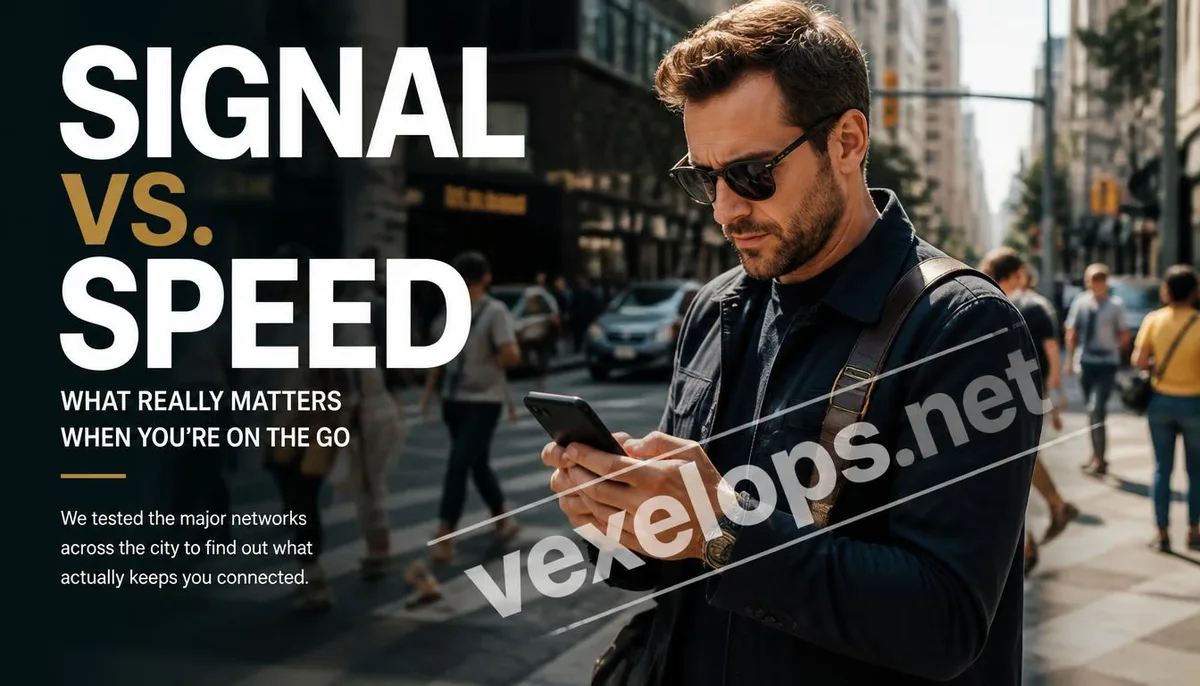 A realistic scene of checking mobile internet speed outdoors in the city