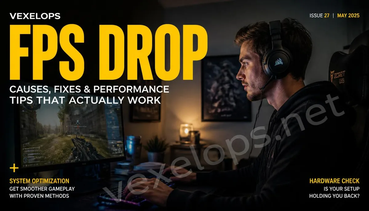 A realistic scene of a player observing game performance while gaming at night in a room