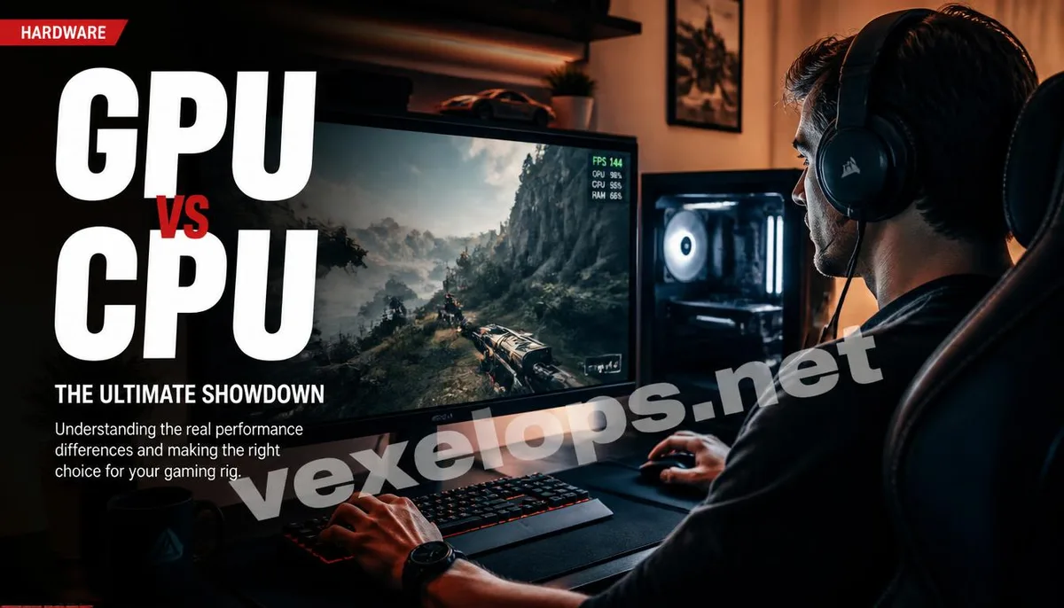 A realistic scene of a player monitoring computer performance and visual fluidity during gaming