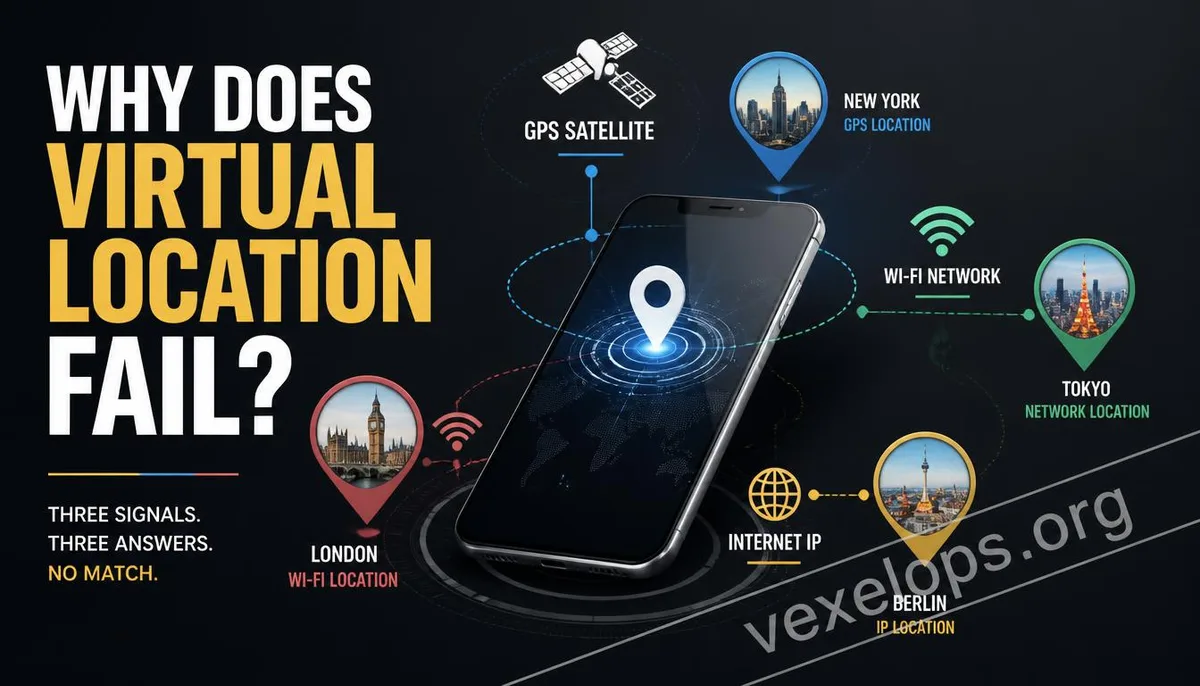 Concept of virtual location resulting in different position outcomes from GPS, Wi-Fi, and IP