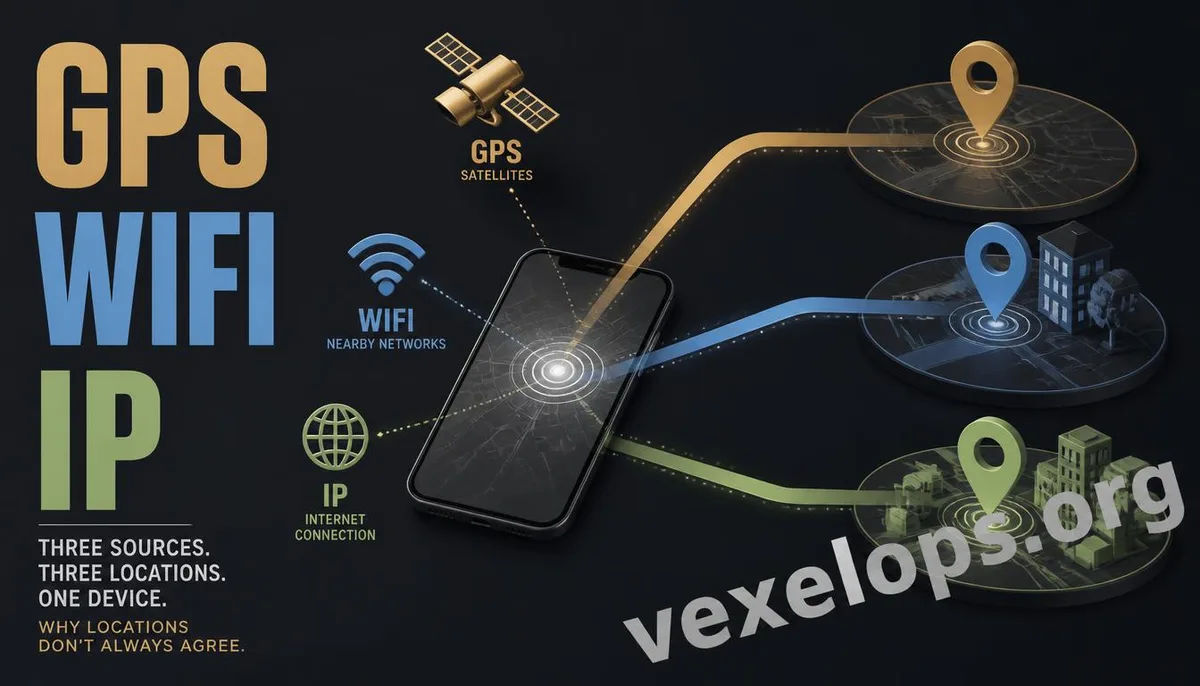 Concept of different location information sources from GPS, Wi-Fi, and IP producing varying results